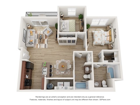 Floor plan for 2 beds, 2 baths, 1005 sqft